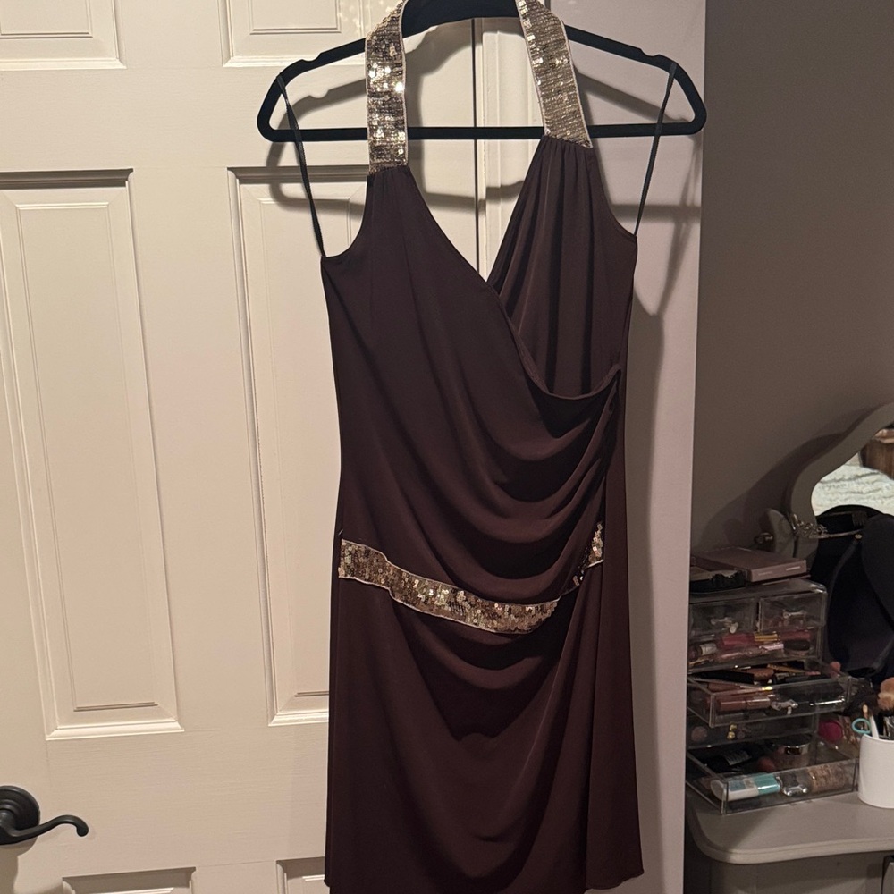 Rampage Brown Backless Dress with Gold Details